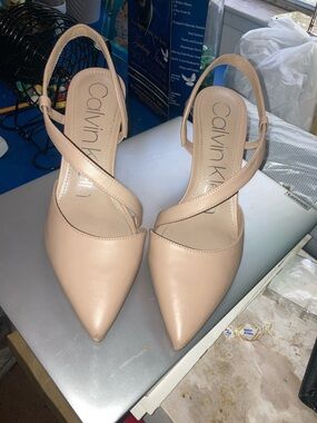 Calvin Klein Blush Pointed-Toe Cross-Strap Slingback Heels